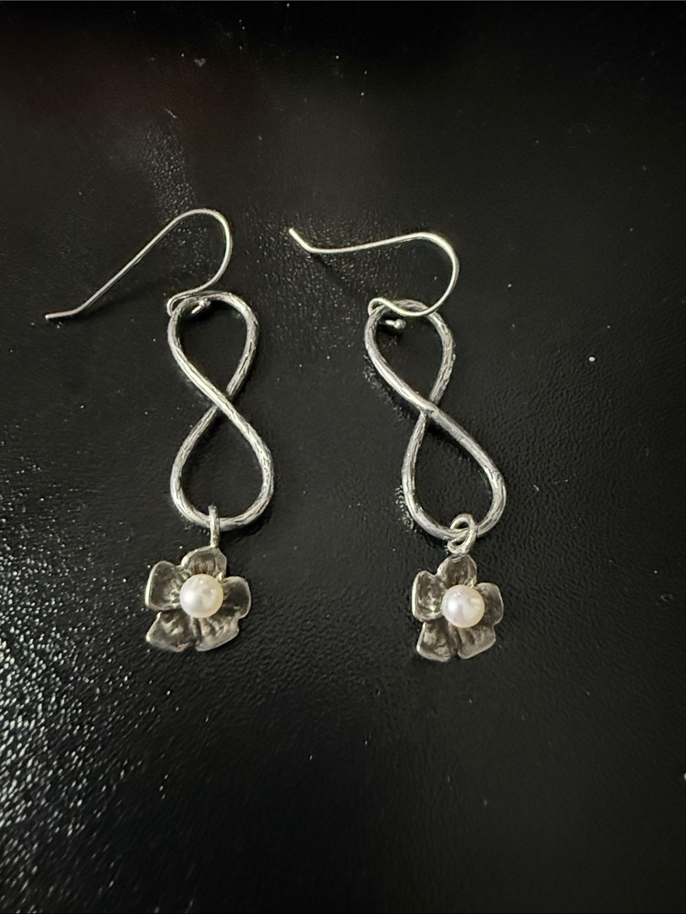 Sterling Silver Infinity Drop Earrings with Freshwater Pearl Flower Charms